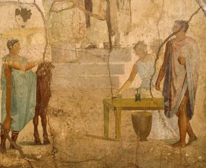 Fresco que representa una escena de sacrificio, decoración de la Casa de los Cupidos Dorados, Pompeya , Campania, Civilización romana