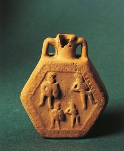 Petaca que representa gladiadores, Emilia-Romaña (cerámica)