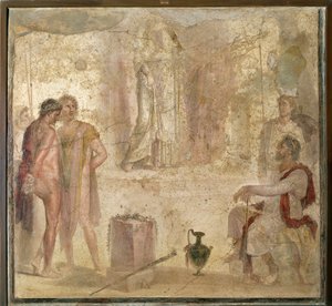 Italia, Campania, Pompeya, Casa de los Cupidos de Oro, Orestes y Pílades ante Ifigenia, fresco de Roman Roman