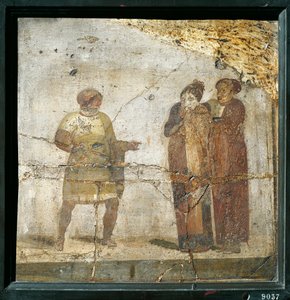 Italia, Campania, Pompeya, Escena teatral, fresco de Roman Roman