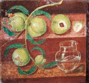 Italia, Nápoles, Naturaleza muerta con rama de melocotón, Fresco de Pompeya de Roman Roman