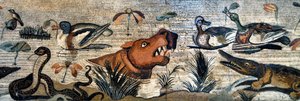 Friso de mosaico de Pompeya (casa de la fauna, casa del Fauno - escena nilótica - vida animal en el Nilo: hipopótamo, cocodrilo, serpiente, patos - arte romano - Museo Arqueológico de Nápoles, Italia - Museo Archeologico Nazionale, Napoli, Italia - Photo P