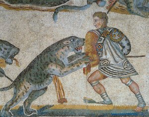 Mosaico que muestra una escena de caza de bestias salvajes (detalle) de Roman Roman
