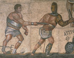 Mosaico con una escena de gladiadores luchando (detalle)