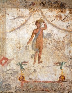 Pintura del cuarto estilo pompeyano que representa a un genio con un cesto y una situla de Roman Roman