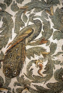 Pavo real, detalle de mosaico - Siglo IV d.C., Museo Bardo, Túnez de Roman Roman