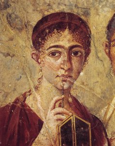 Retrato del panadero Terentius Neo y su esposa en traje formal, detalle de la esposa con su estilete y díptico abierto de Italia, Campania, Pompeya, 55-79 d.C., pintura sobre yeso de Roman Roman