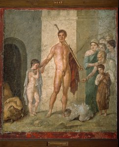 Representación de Teseo, el héroe de la mitología griega, liberando a los siete jóvenes del laberinto tras el triunfo sobre el minotauro. Fresco de la Villa de Gavius Rufus en Pompeya. Museo Arqueológico de Nápoles - Arte romano de Roman Roman