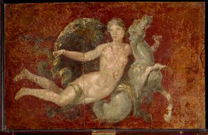 Arte romano: una mujer montando un caballo de mar. Fresco de Stabia. Nápoles, Museo Arqueológico Nacional de Roman Roman