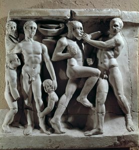 Arte romano: escena de boxeo. Bajo relieve. Museo della civilta romana, Roma
