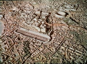 Arte romano: modelo que representa la ciudad de Roma en la antigüedad. En el centro el Circo Máximo o Gran Circo reservado para carreras de carros. Roma, Museo della Civilta Romana