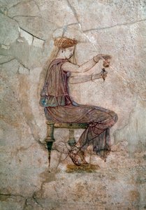 Arte romano: mujer sentada vertiendo perfume en un jarrón. Pintura mural, 25 d.C. De la Villa della Farnesina. Roma, Palazzo Massimo alle Terme, Museo Nazionale Romano de Roman Roman