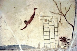 Pintura mural romana de la tumba llamada el buceador (tuffatore)