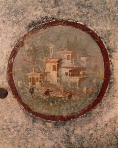 Ronda con casas y edificios, detalle del fresco de la Casa del Centenario, Pompeya , Campania, Civilización Romana de Roman Roman