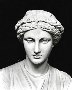 Estatua de Clío sosteniendo un pergamino, detalle de la cabeza (piedra) de Roman Roman