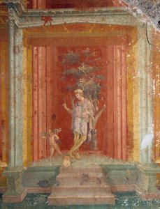 Escena teatral, fresco (estilo IV) sobre fondo rojo de la Casa de Pinarius Cerialis, Pompeya (Lista del Patrimonio Mundial de la Unesco