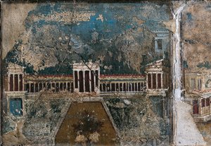 Fresco del tercer estilo que representa un paisaje arquitectónico, detalle de un edificio delimitado por un porche con columnatas, De Pompeya de Roman Roman