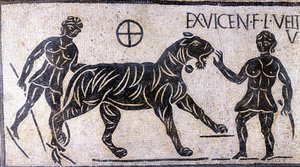 Domadores de tigres en las paredes del Coliseo - Mosaico Romano