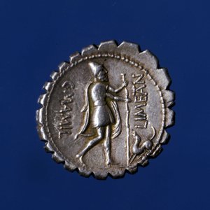 Ulises reconocido por su perro Argo. Moneda de plata romana, 83 a.C.