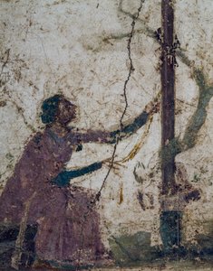 Mujer junto al árbol sagrado, fragmento de fresco de Pompeya, Campania, Italia, civilización romana