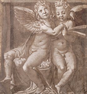 Dos ángeles sentados cantando, después de Polidoro da Caravaggio de Roman School