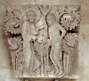 Dios y Caín (capitel tallado) de Romanesque