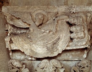 Los Reyes Magos dormidos con un ángel despertándolos y señalando hacia la estrella de Belén (capitel tallado) de Romanesque