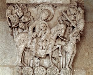 La huida a Egipto (capitel tallado) de Romanesque