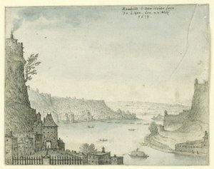 Vista de una ciudad en un río de Rombout van den Houte