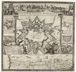 Las victorias de Rabenhaupt en Groningen en los años 1672-1673 Victorien van syn exc. Rabenhaupt, en Groningen y Omlanden, int iaer 1672 y 73 (título sobre el objeto) de Romeyn de Hooghe (attributed to)
