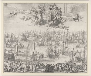 Viaje de Guillermo III a Inglaterra, 1688 Sea Tour desde Hellevoet Sluys por S.K.H. Wilhem Henrik por G. Ga. Príncipe de Orangeie Erfstadh. gorra. y Adm. Gene. van Los Estados Unidos / Por la Restauración de las Constituciones y la Religión Verdadera en En de Romeyn de Hooghe (attributed to workshop of)