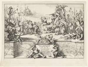 Alegoría de las victorias de Leopoldo I Divo et invictissimo Leopoldo I (título sobre objeto) Entrada de Leopoldo I en Bruselas después de derrotar a los turcos, 1686 (título de la serie) de Romeyn de Hooghe