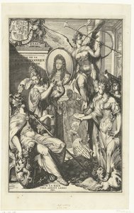 Frontispicio alegórico con retrato de Guillermo III Voyage de sa Majeste Britannique en Hollande (título sobre el objeto) de Romeyn de Hooghe