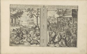 Bomen, dieren en noten; Verering van godsbeelden Mangas Nooten / Árboles, Animales, etc. de la India // Tyden, Afgoden / Ídolos, matemáticos, filósofos, etc. de la India (título sobre el objeto) Las Indias Orientales y Occidentales y otros lugares (título  de Romeyn de Hooghe