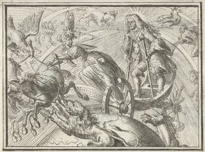 Caricatura que representa a Luis XIV como Apolo en su carro, 1701