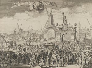 Entrada de Guillermo III en La Haya Inhalando van S.K. Maj. aende Westeynder brug door..., 1691 de Romeyn de Hooghe