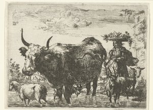 Pastora con cesta en la cabeza, una vaca, dos cabras y dos ovejas en el agua de Romeyn de Hooghe