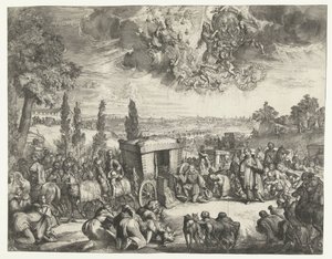 Carlos II de España arrodillado junto a un carruaje de Romeyn de Hooghe