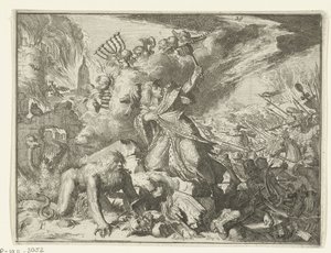 Hombre con capa es atacado por jinetes de Romeyn de Hooghe