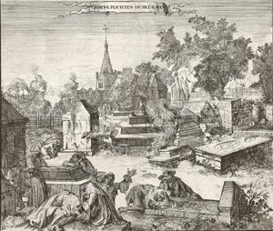 Luto en el cementerio portugués-judío de Beth Haim de Ouderkerk en el Amstel en los Países Bajos - Grabado de Romeyn de Hooghe