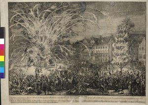 Fuegos artificiales nocturnos en la calle de los Sablons en Bruselas 1686 (aguafuerte) de Romeyn de Hooghe