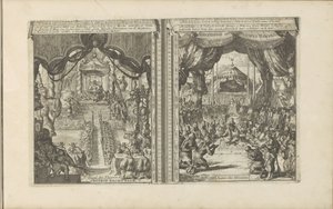 Rechtbank en China en Abbesinië Chinese rechtbank / tribunal des Chinois // Abyssinise Gerichts Handel / Justice des Abissins (título sobre el objeto) Las Indias Orientales y Occidentales y otros lugares (título de la serie) de Romeyn de Hooghe