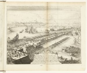 Puente de la nave de Parma sobre el Escalda, 1585 Le Pont de Farnese (título sobre objeto) Guerres de Flandres (título de la serie) de Romeyn de Hooghe