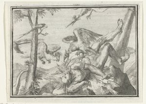 Portada del folleto: De Geplukte Tapoeijer, 1702 De Plukte Tapoeijer (título sobre objeto) Esopus en Europa (título de la serie) de Romeyn de Hooghe