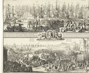 Viaje de Guillermo III a Inglaterra, 1688 Salida de S.K.H. después de Inglaterra, el 11 de noviembre. 1688 / Llegada de S.K.H.D.P. de Orange en Inglaterra, los días 15 y 16 de noviembre. 1688 (título sobre el objeto) Departamento de la R.A.S. para Angleter de Romeyn de Hooghe
