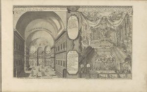 Mezquita Turkse en Constantinopel; Keizerlijkhof en China Turksche se burla de van binnen / El interior de la Mezquita de Santa Sofía, en Constantinopla // Chineese Hof Pomp / Magnificencia de la Corte de Emp. de China. (título en el objeto) Las Indias Ori de Romeyn de Hooghe