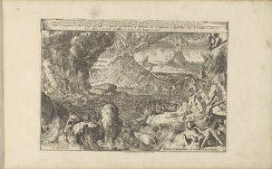 Vulkanen en Stormen Brantbergen y Tempeesten / Volcanes y huracanes en Sicilia, etc. (título en el objeto) Las Indias Orientales y Occidentales y otros lugares (título de la serie) de Romeyn de Hooghe