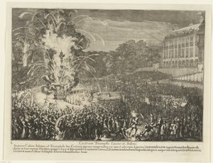 Fuegos artificiales en el jardín del palacio, 1686 Castrum Triumphi Lucens et Ardens (título sobre el objeto) Entrada de Leopoldo I en Bruselas después de derrotar a los turcos, 1686 (título de la serie) de Romeyn de Hooghe