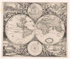 Mapamundi con una alegoría de los cuatro elementos Nova totius terrarum orbis tabula (título sobre objeto) de Romeyn de Hooghe