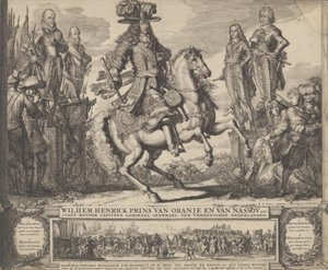 Guillermo III como Príncipe de Orange, con los cuatro estadistas precedentes, Guillermo I, Mauricio,... de Romeyn de Hooghe